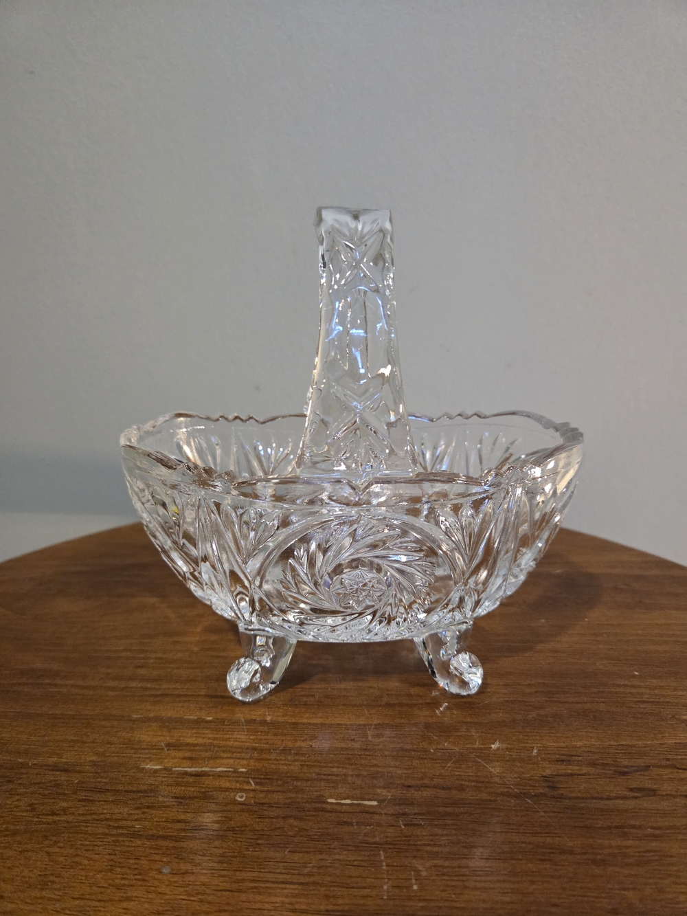 Clear Cut-Glass Footed Basket with Handle